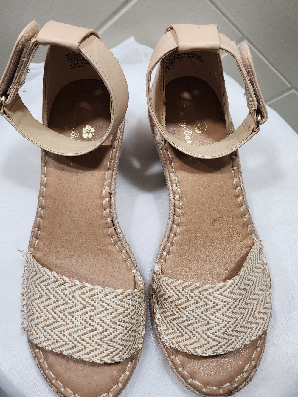 Tommy Bahama Beige Woven Espadrille Ankle-Strap Wedges